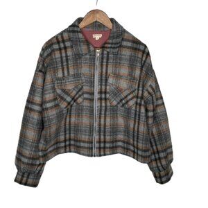 Hem & Thread Womens Plaid Flannel Cropped Jacket M Gray Granola Earthy Gorpcore